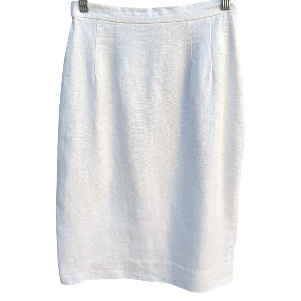 Scaasi Vintage 80s Womens White‎ Linen Pencil Skirt Size 4 Back Slit Full Lining